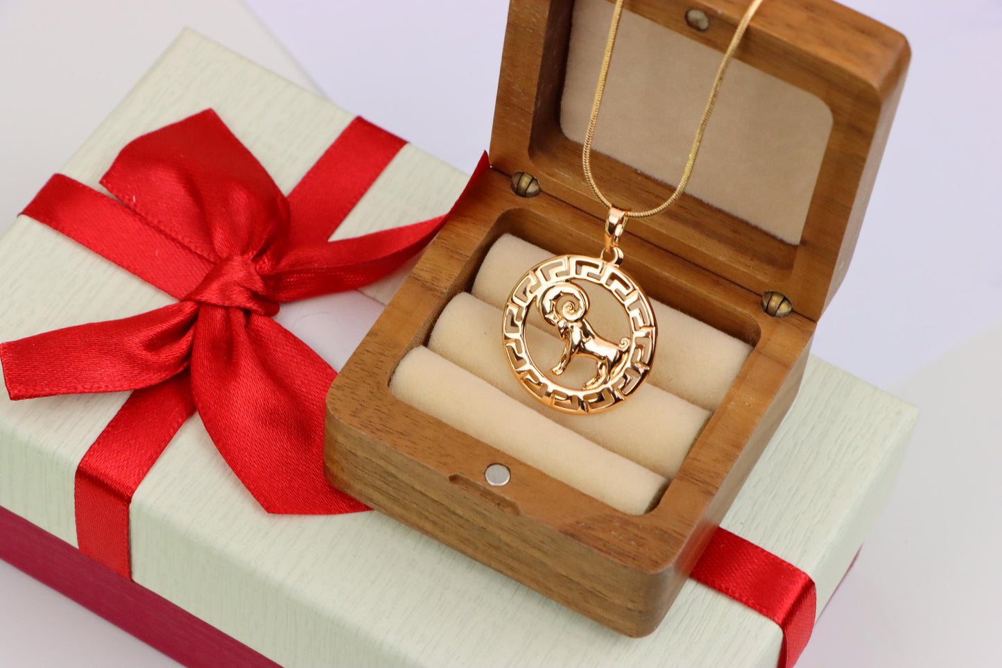 Zodiac Ram Rose Gold Round Pendant in Geometric Border Design, XPPT1328 (2132-7)