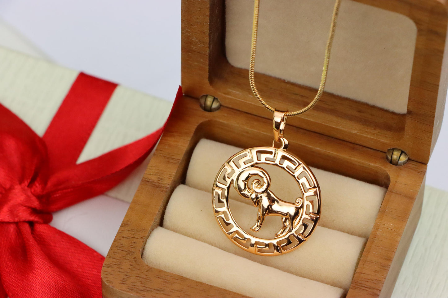 Zodiac Ram Rose Gold Round Pendant in Geometric Border Design, XPPT1328 (2132-7)