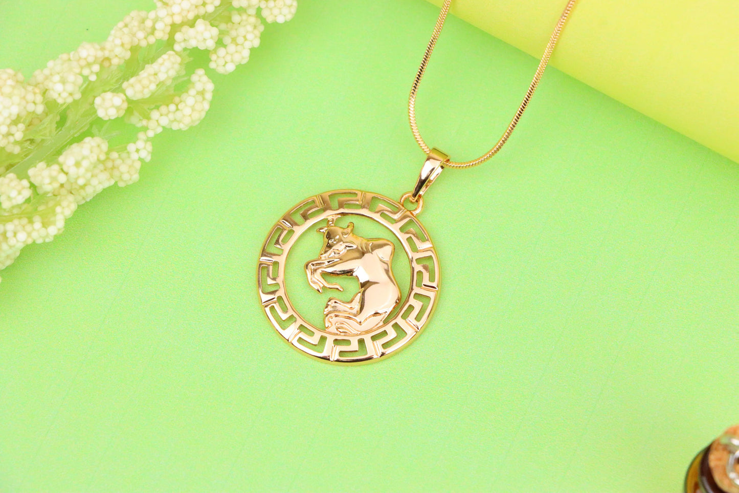 Zodiac Bull Rose Gold Pendant with Intricate Border Design, XPPT1329 (2132-7)