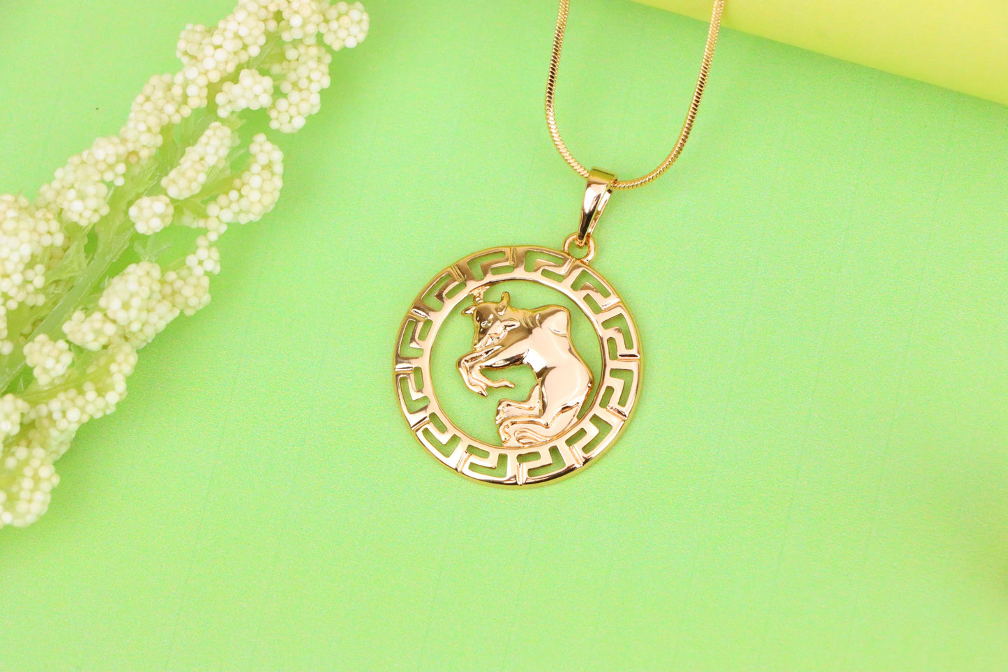Zodiac Bull Rose Gold Pendant with Intricate Border Design, XPPT1329 (2132-7)