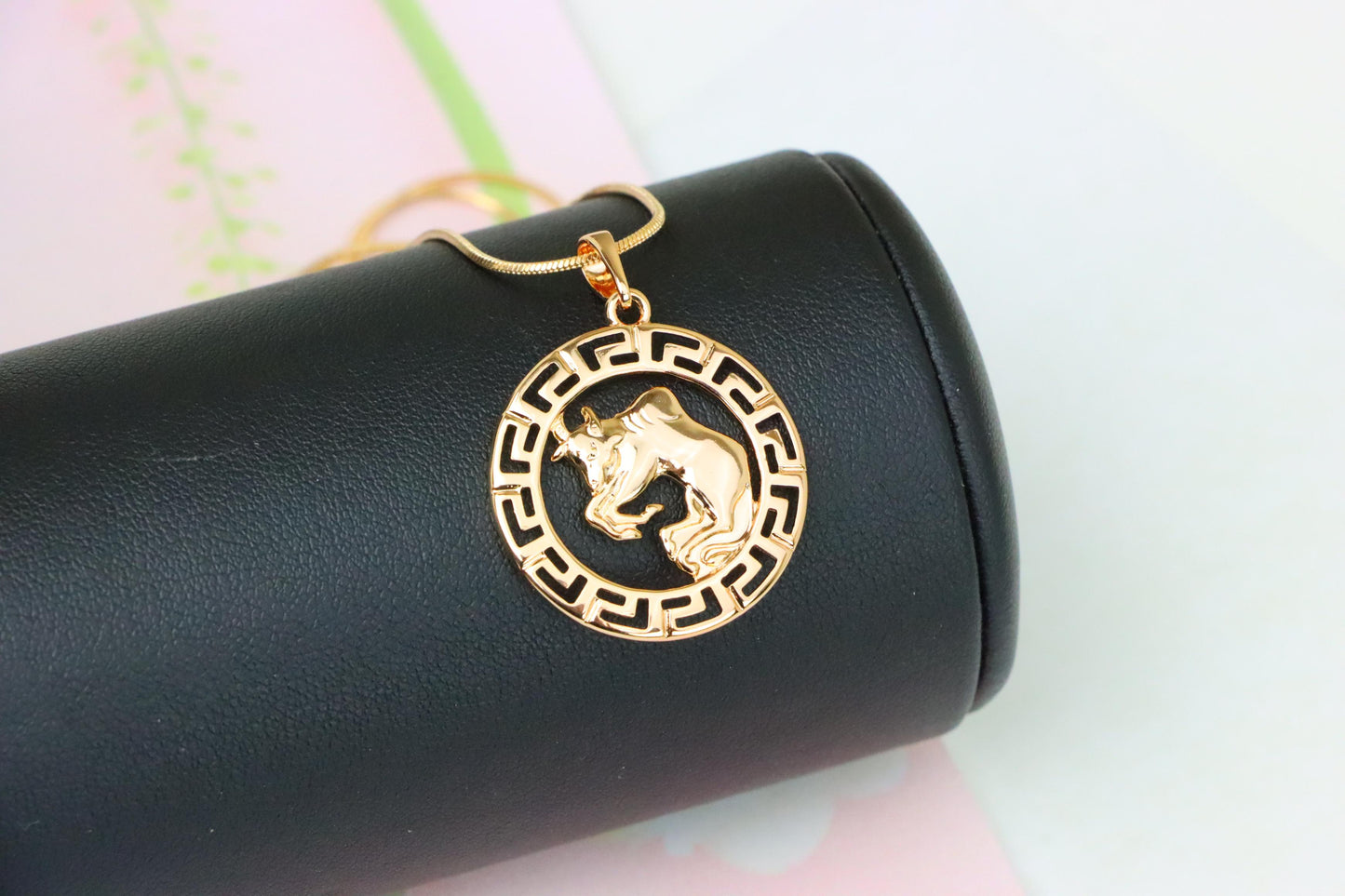 Zodiac Bull Rose Gold Pendant with Intricate Border Design, XPPT1329 (2132-7)