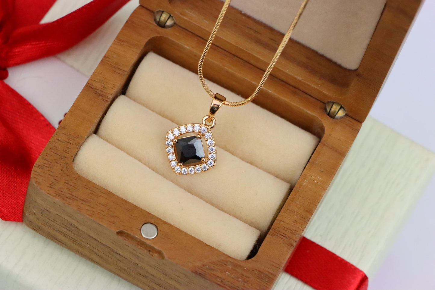 Elegant Black Square Pendant with Gold Plated Halo Design – Classy Look, XPPT1795 (2153-1)
