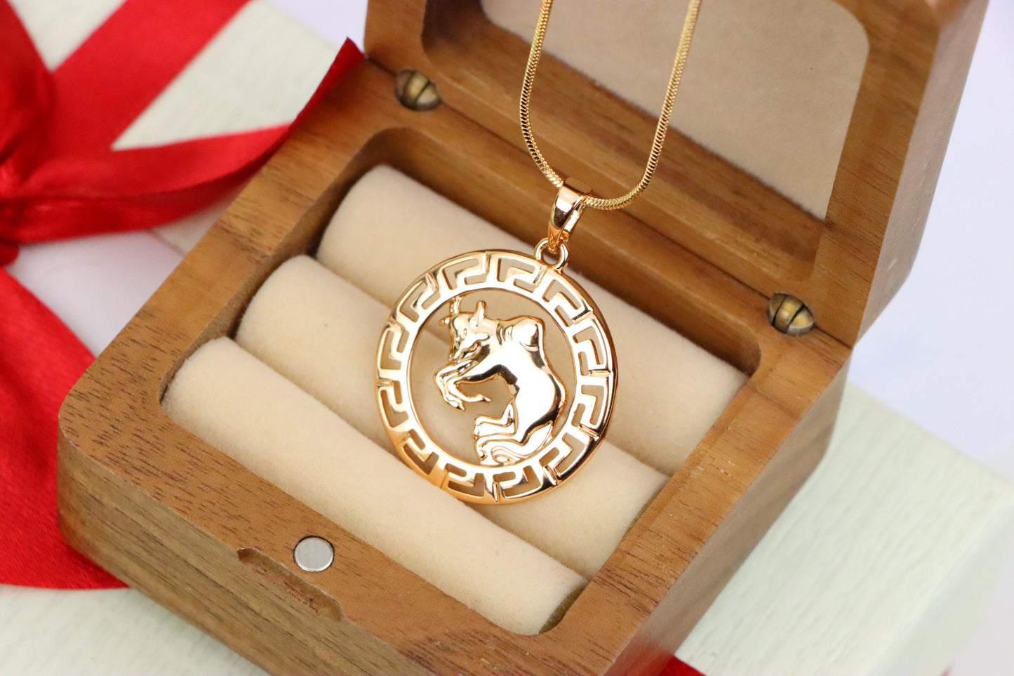 Zodiac Bull Rose Gold Pendant with Intricate Border Design, XPPT1329 (2132-7)