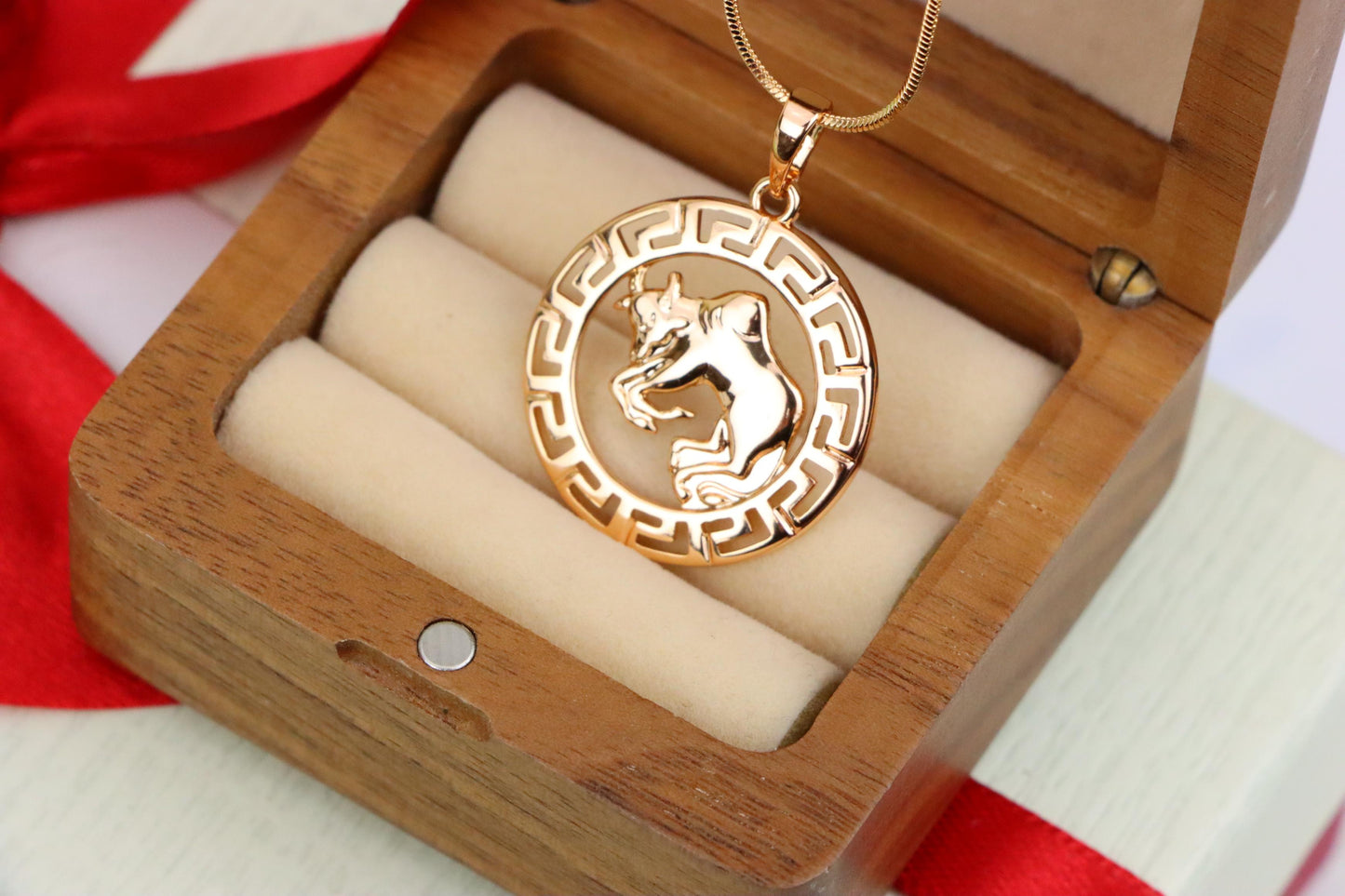 Zodiac Bull Rose Gold Pendant with Intricate Border Design, XPPT1329 (2132-7)