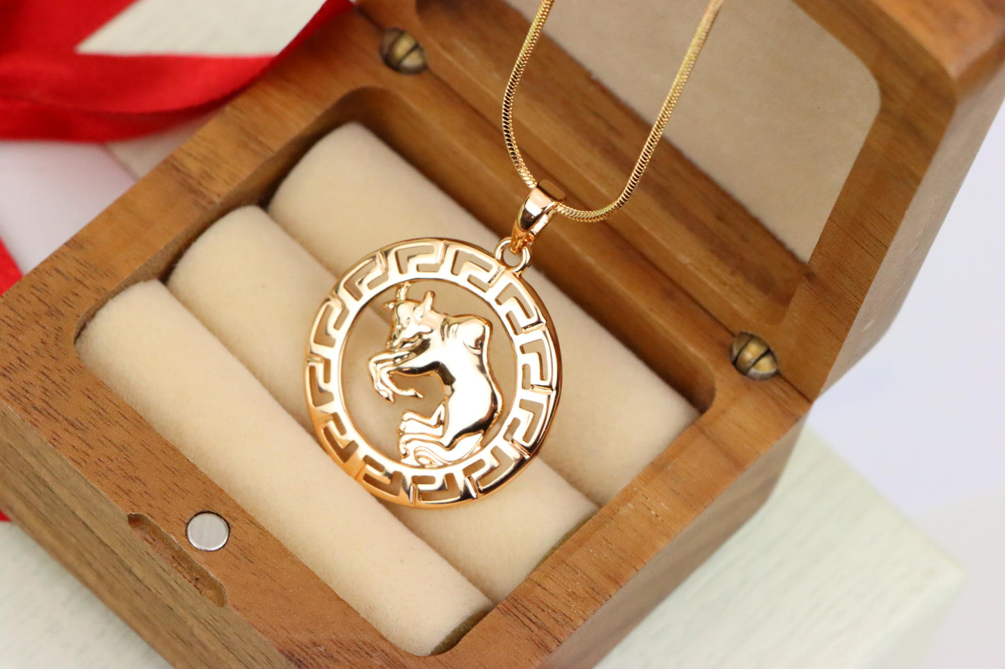 Zodiac Bull Rose Gold Pendant with Intricate Border Design, XPPT1329 (2132-7)