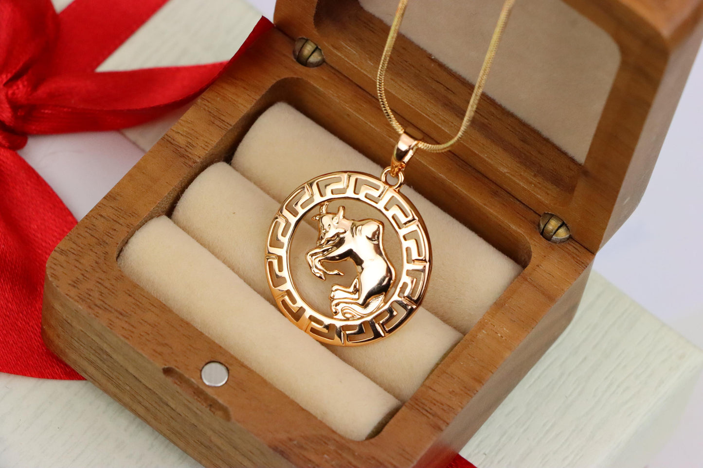 Zodiac Bull Rose Gold Pendant with Intricate Border Design, XPPT1329 (2132-7)
