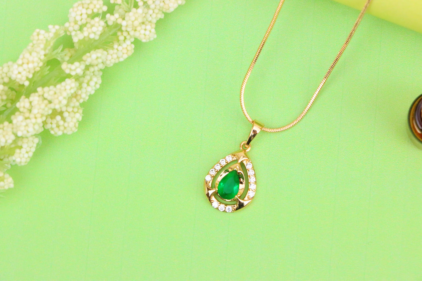 Teardrop Green Gem Pendant with Crystal Halo in Gold Plated Finish, XPPT1796 (2153-2)
