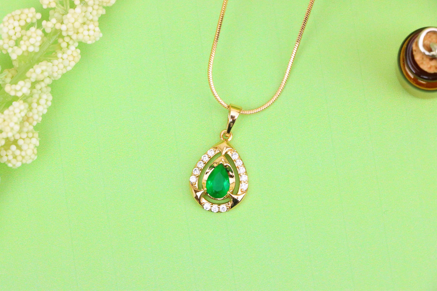 Teardrop Green Gem Pendant with Crystal Halo in Gold Plated Finish, XPPT1796 (2153-2)