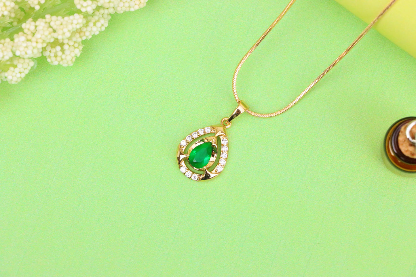 Teardrop Green Gem Pendant with Crystal Halo in Gold Plated Finish, XPPT1796 (2153-2)