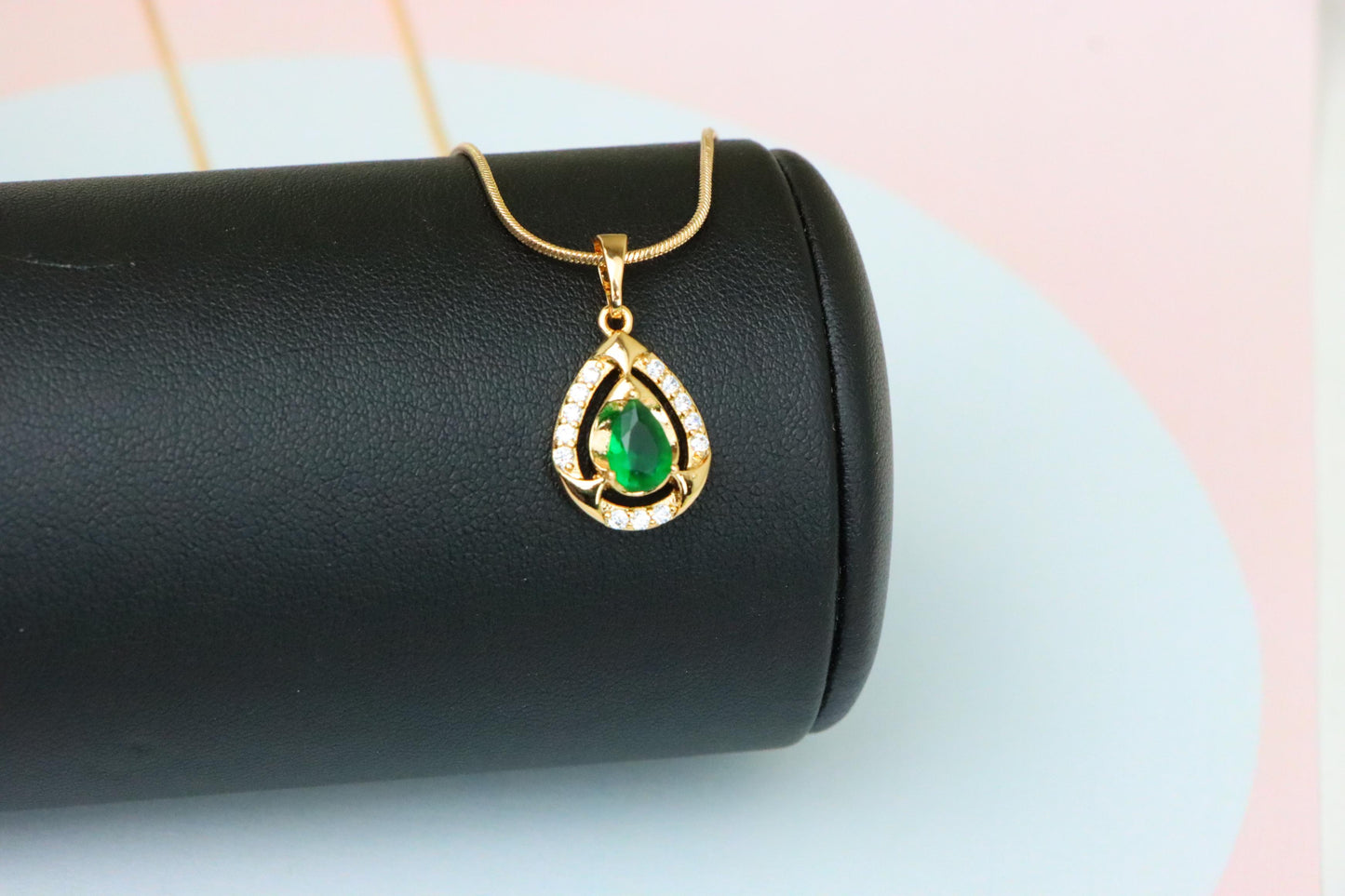 Teardrop Green Gem Pendant with Crystal Halo in Gold Plated Finish, XPPT1796 (2153-2)