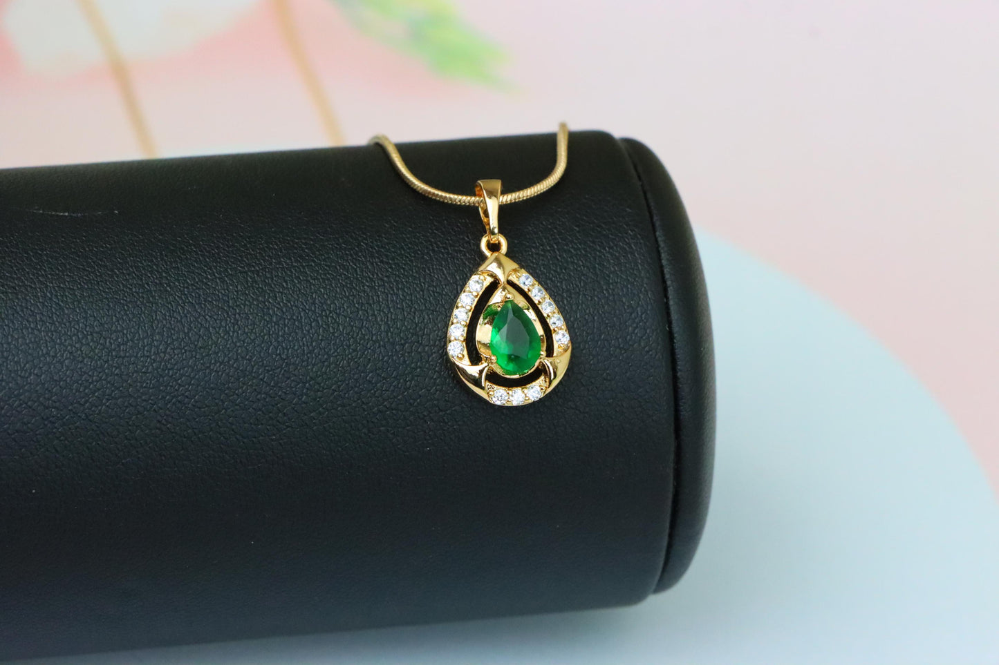 Teardrop Green Gem Pendant with Crystal Halo in Gold Plated Finish, XPPT1796 (2153-2)