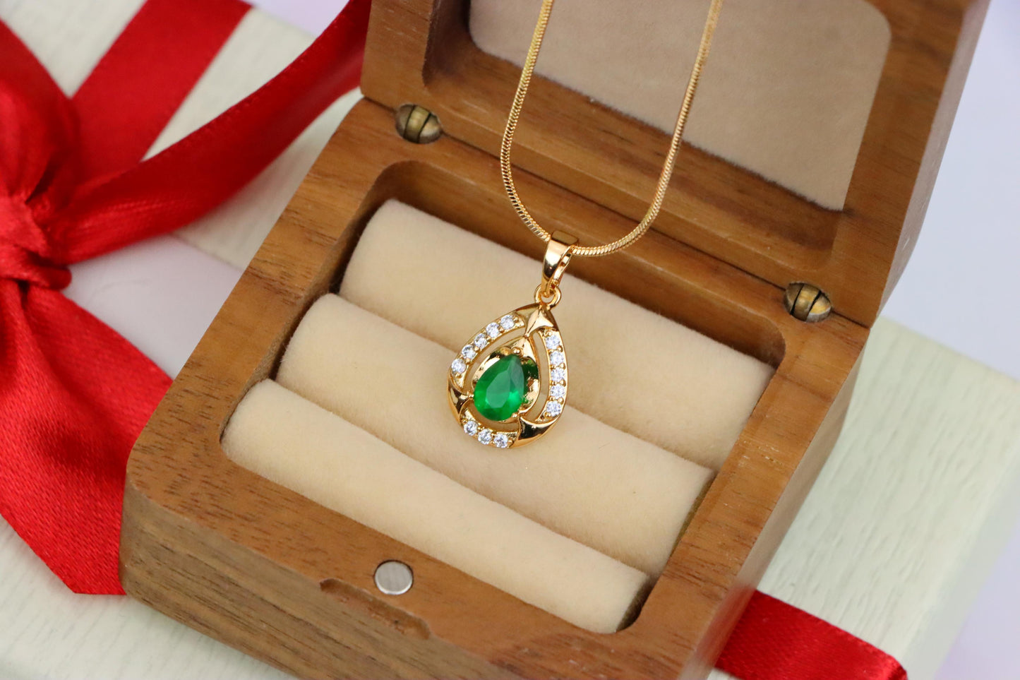 Teardrop Green Gem Pendant with Crystal Halo in Gold Plated Finish, XPPT1796 (2153-2)