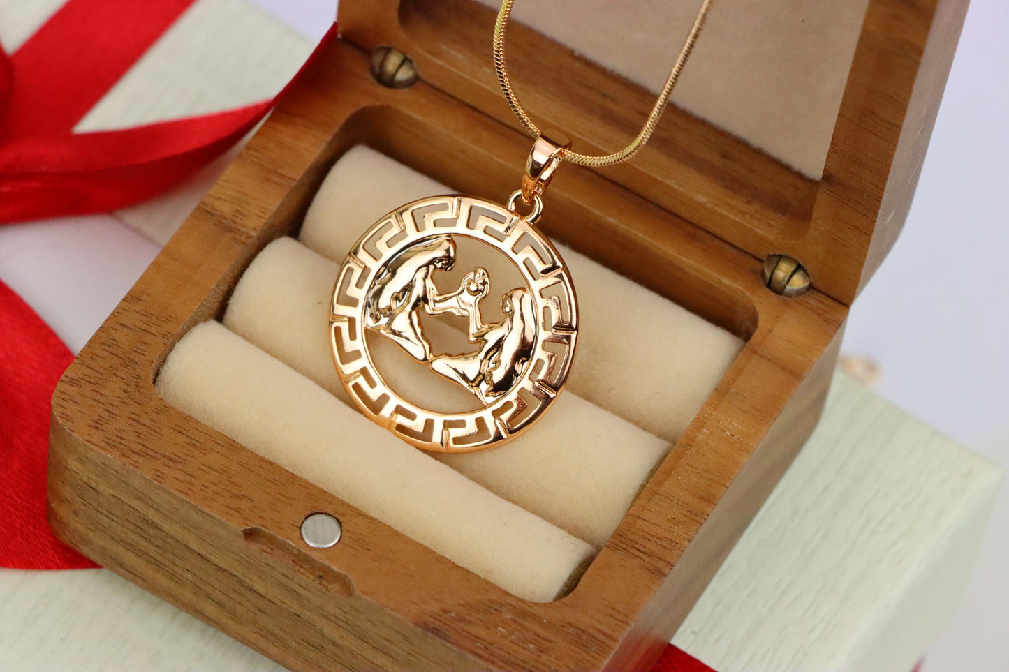Zodiac Twins Rose Gold Pendant with Polished Circular Frame Design, XPPT1330 (2132-7)