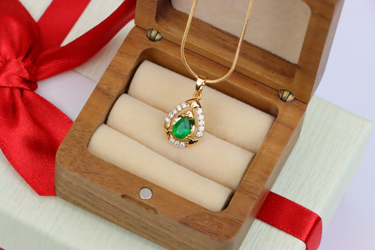 Teardrop Green Gem Pendant with Crystal Halo in Gold Plated Finish, XPPT1796 (2153-2)