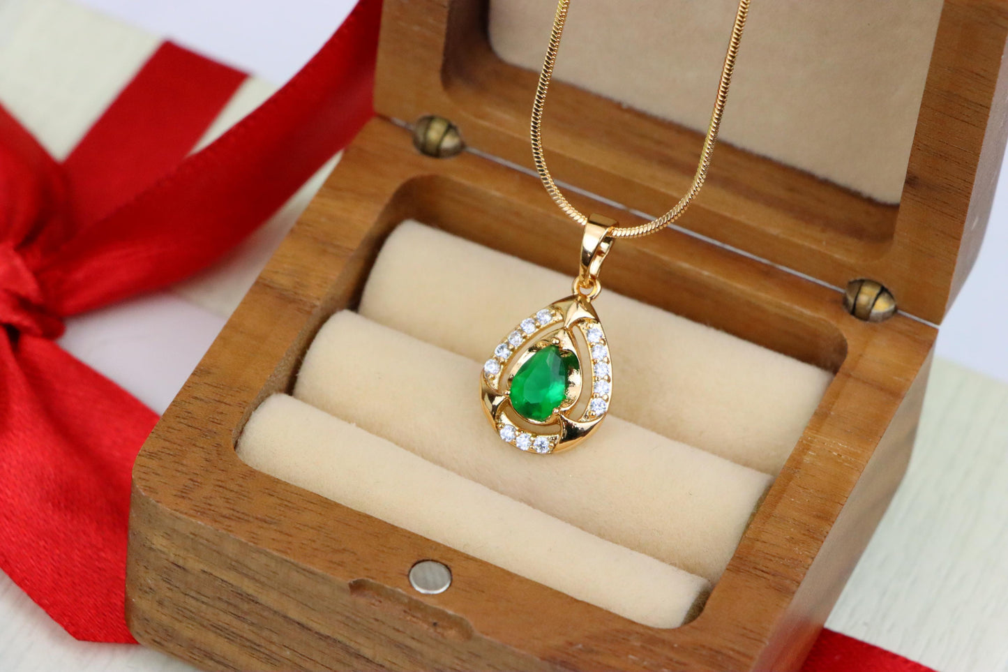 Teardrop Green Gem Pendant with Crystal Halo in Gold Plated Finish, XPPT1796 (2153-2)