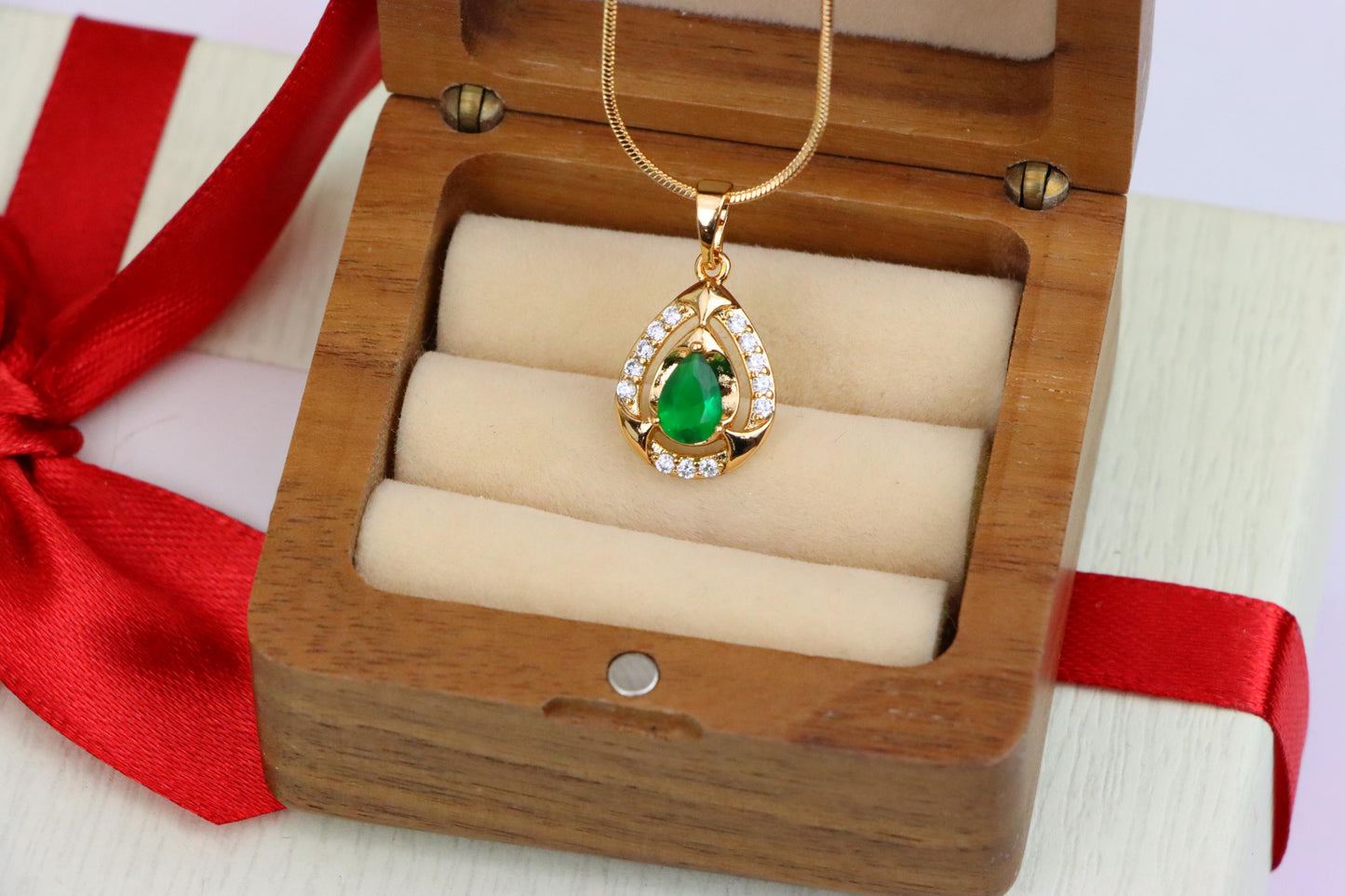 Teardrop Green Gem Pendant with Crystal Halo in Gold Plated Finish, XPPT1796 (2153-2)