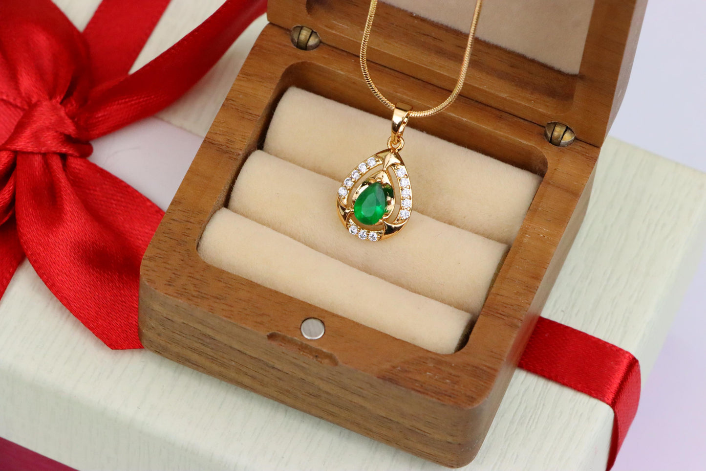 Teardrop Green Gem Pendant with Crystal Halo in Gold Plated Finish, XPPT1796 (2153-2)