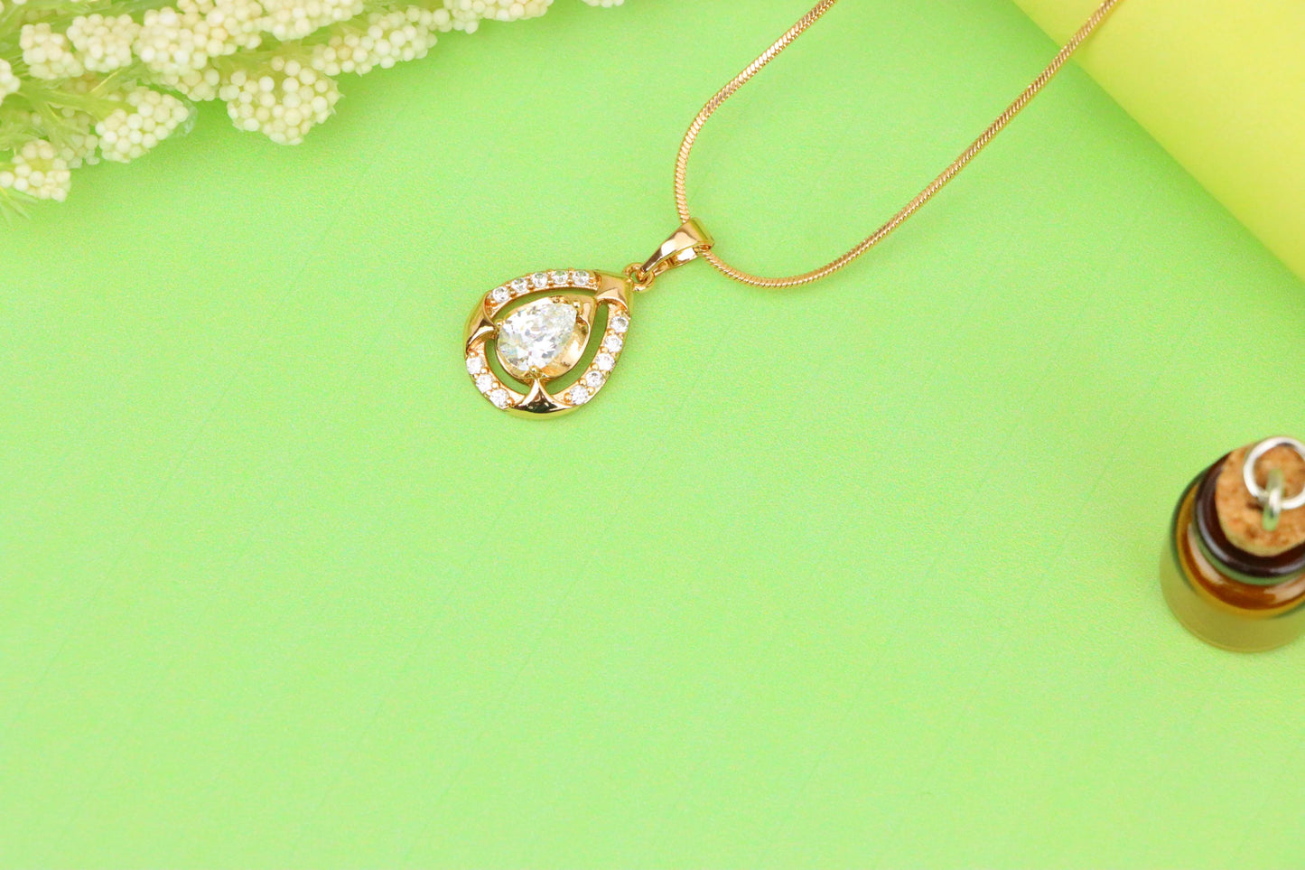 Teardrop White Stone Pendant with Crystals in Gold Plated Finish, XPPT1798 (2153-2)