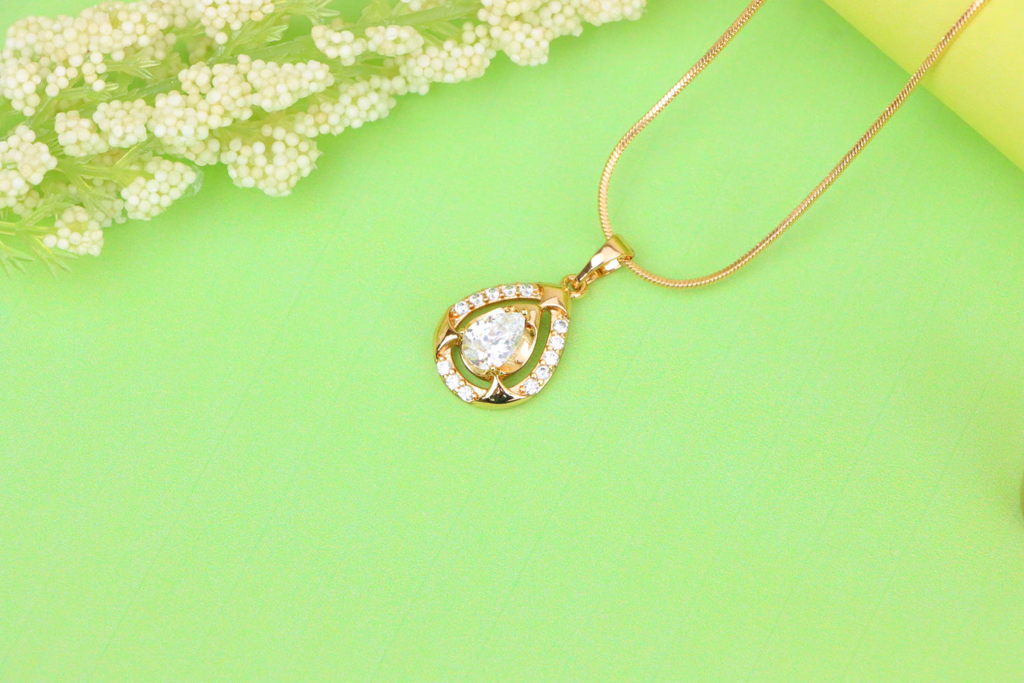 Teardrop White Stone Pendant with Crystals in Gold Plated Finish, XPPT1798 (2153-2)