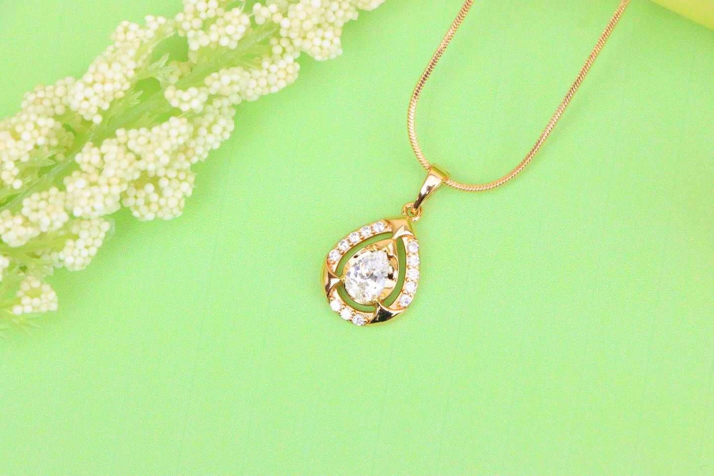 Teardrop White Stone Pendant with Crystals in Gold Plated Finish, XPPT1798 (2153-2)