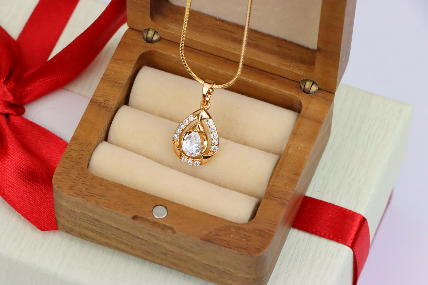 Teardrop White Stone Pendant with Crystals in Gold Plated Finish, XPPT1798 (2153-2)