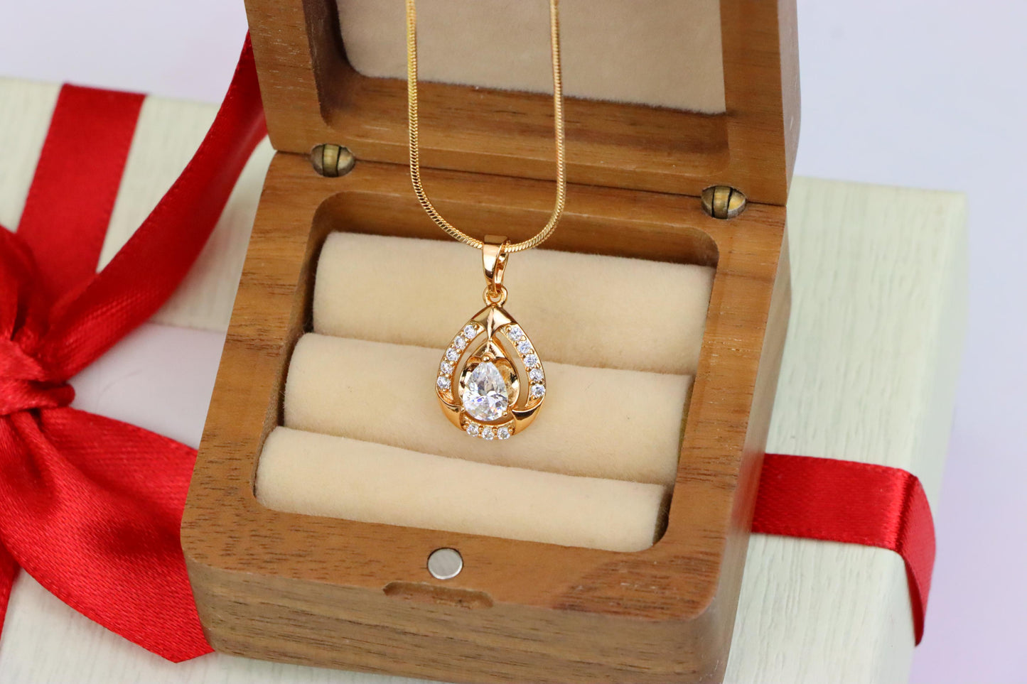 Teardrop White Stone Pendant with Crystals in Gold Plated Finish, XPPT1798 (2153-2)