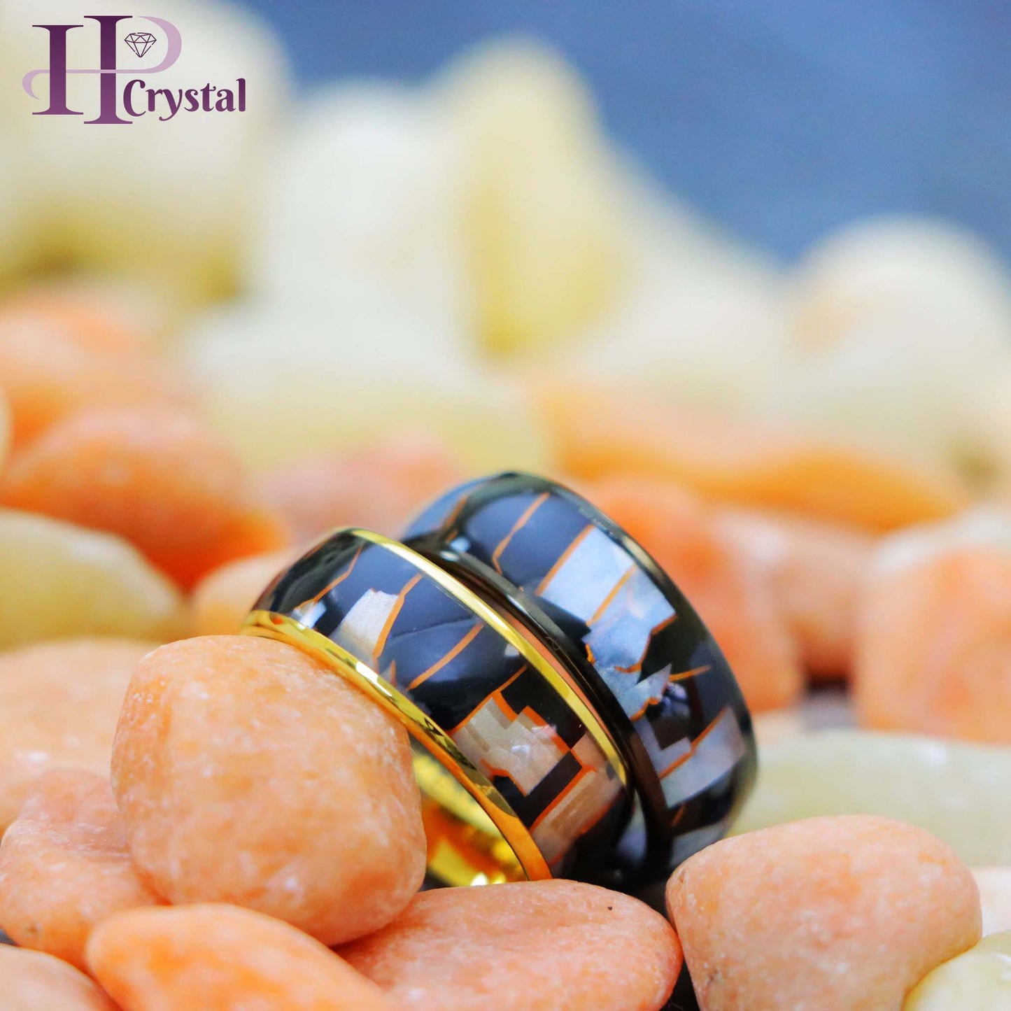 Yellow IP Plated/Black IP Plated Capiz, Black Resin & Gold Shavings Inlay Tungsten Ring