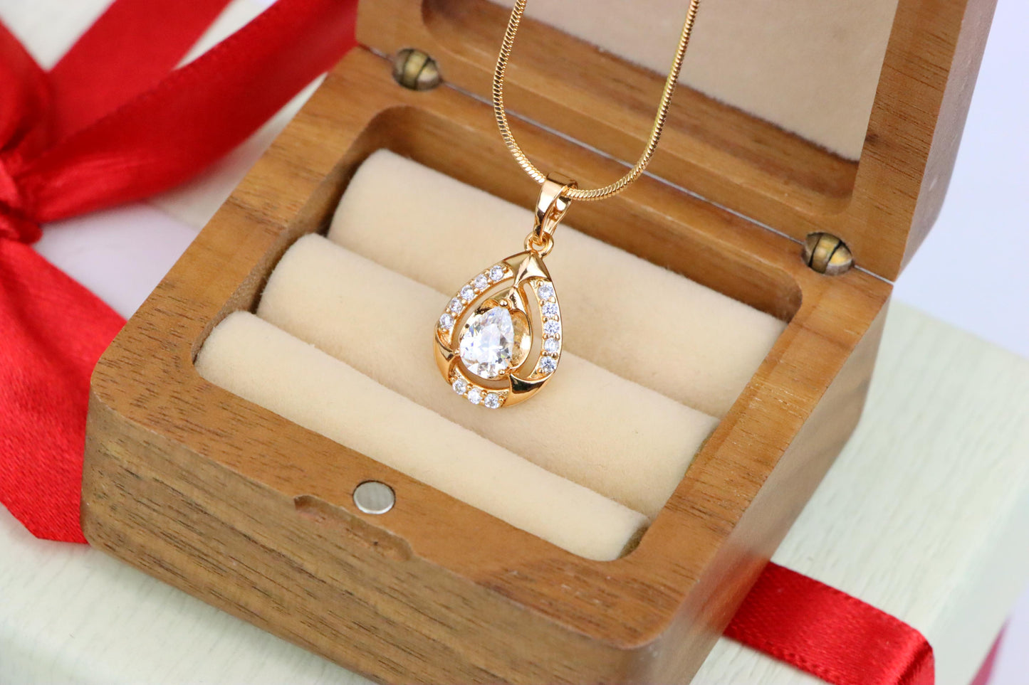 Teardrop White Stone Pendant with Crystals in Gold Plated Finish, XPPT1798 (2153-2)