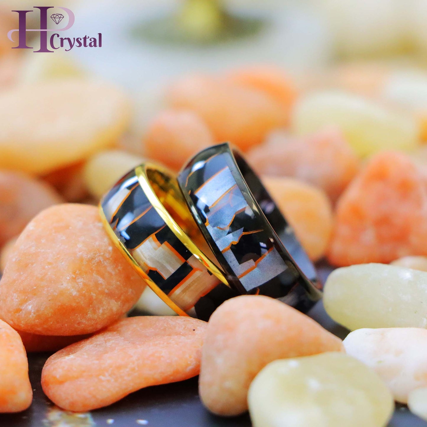 Yellow IP Plated/Black IP Plated Capiz, Black Resin & Gold Shavings Inlay Tungsten Ring