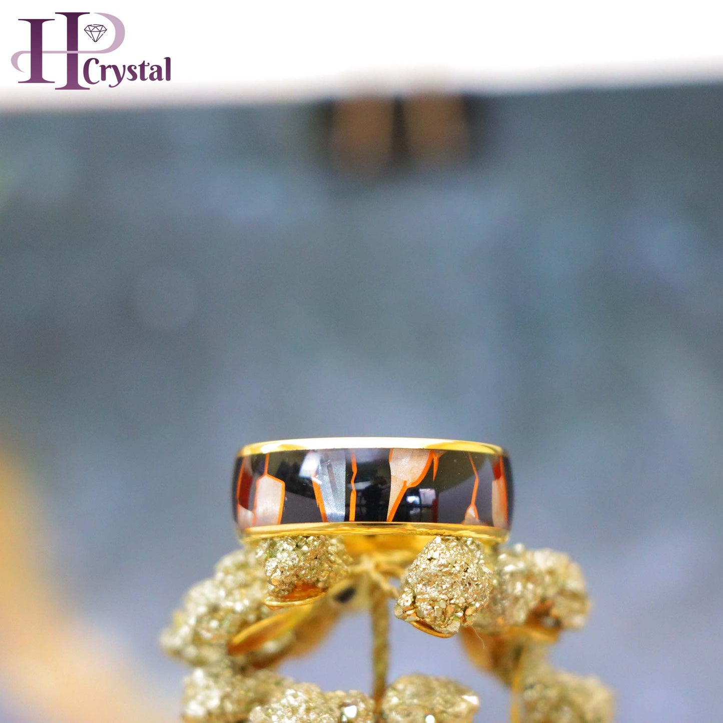 Yellow IP Plated/Black IP Plated Capiz, Black Resin & Gold Shavings Inlay Tungsten Ring