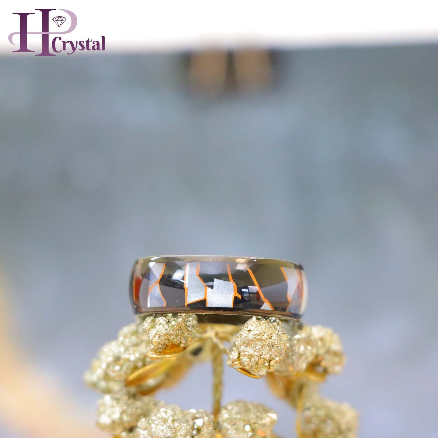 Yellow IP Plated/Black IP Plated Capiz, Black Resin & Gold Shavings Inlay Tungsten Ring