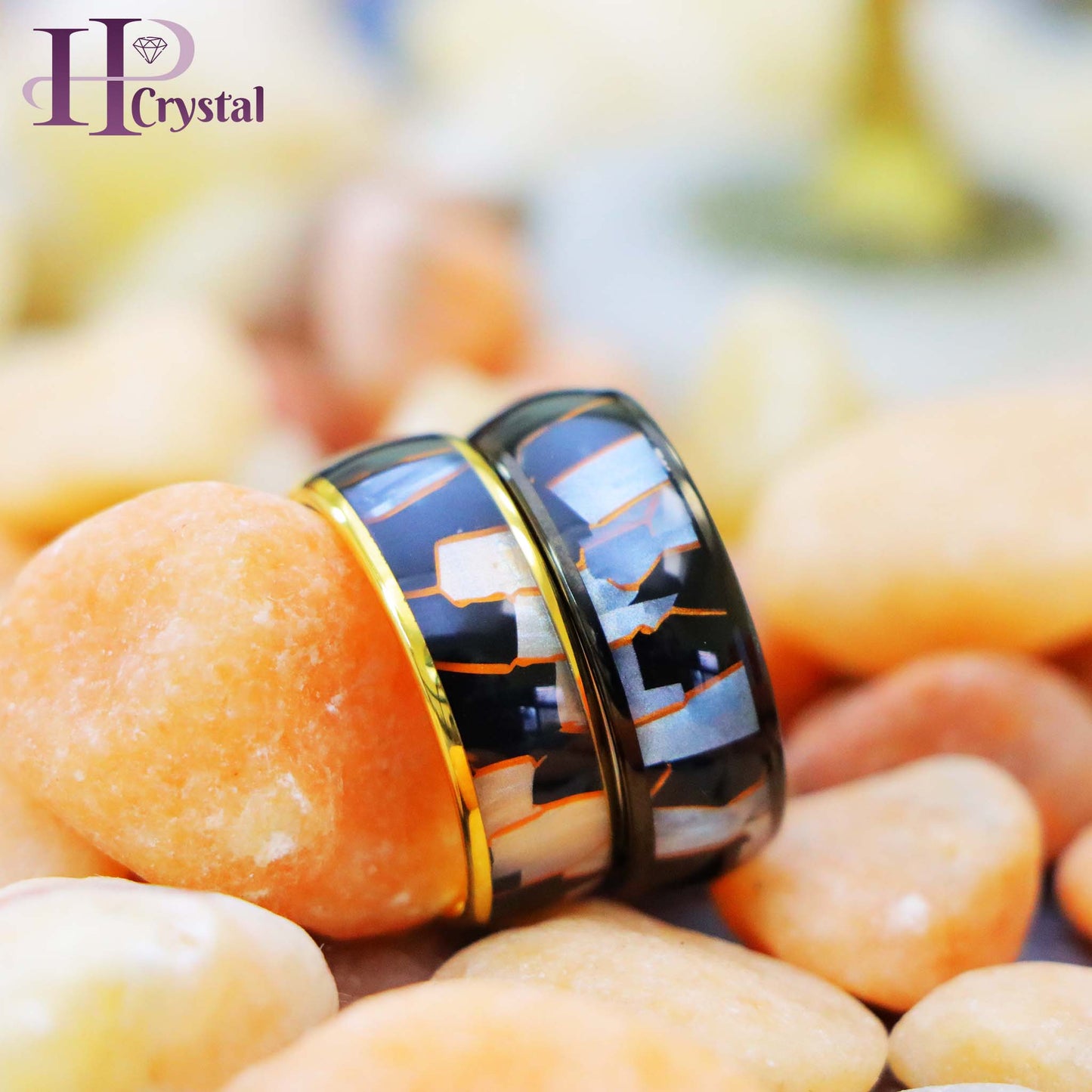 Yellow IP Plated/Black IP Plated Capiz, Black Resin & Gold Shavings Inlay Tungsten Ring