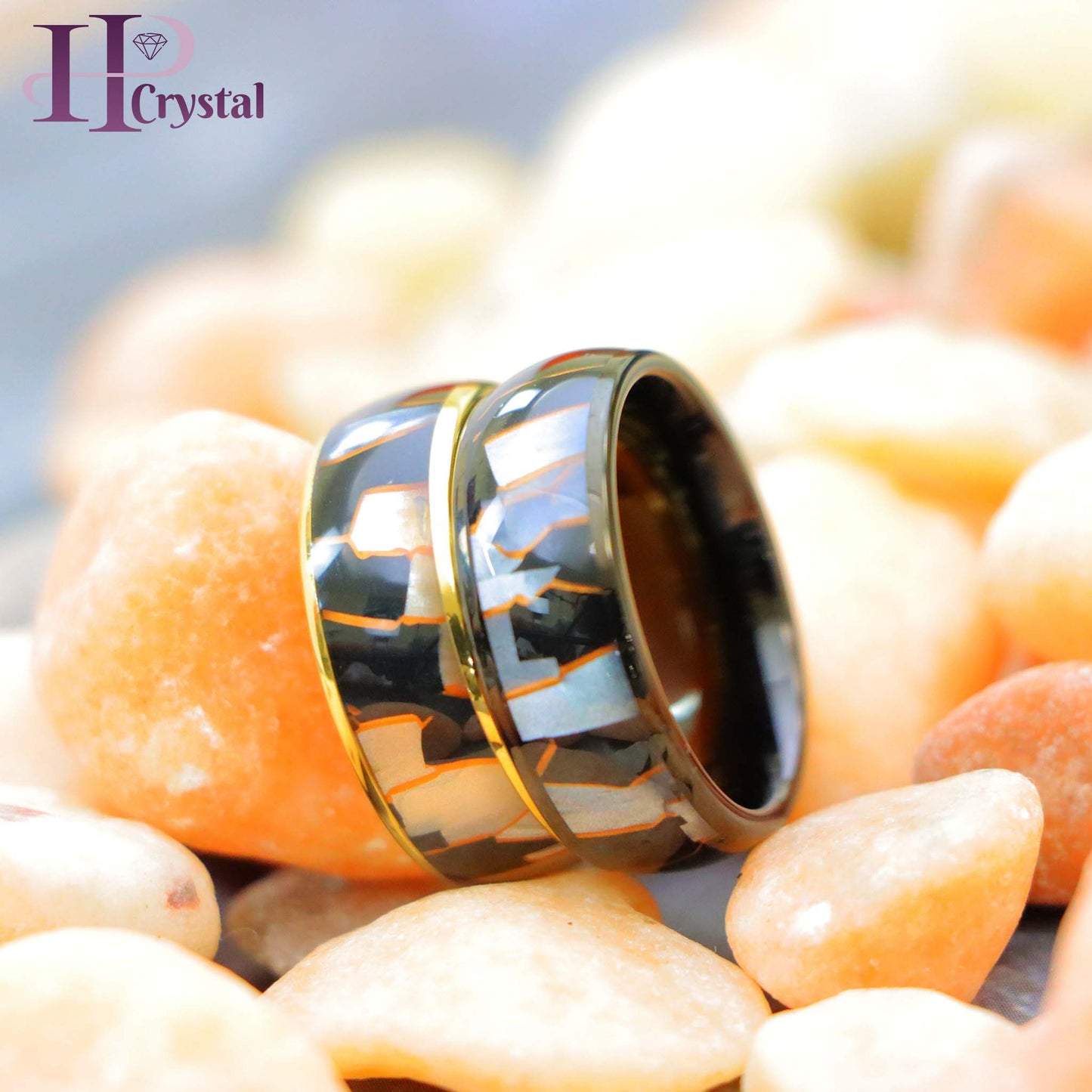 Yellow IP Plated/Black IP Plated Capiz, Black Resin & Gold Shavings Inlay Tungsten Ring