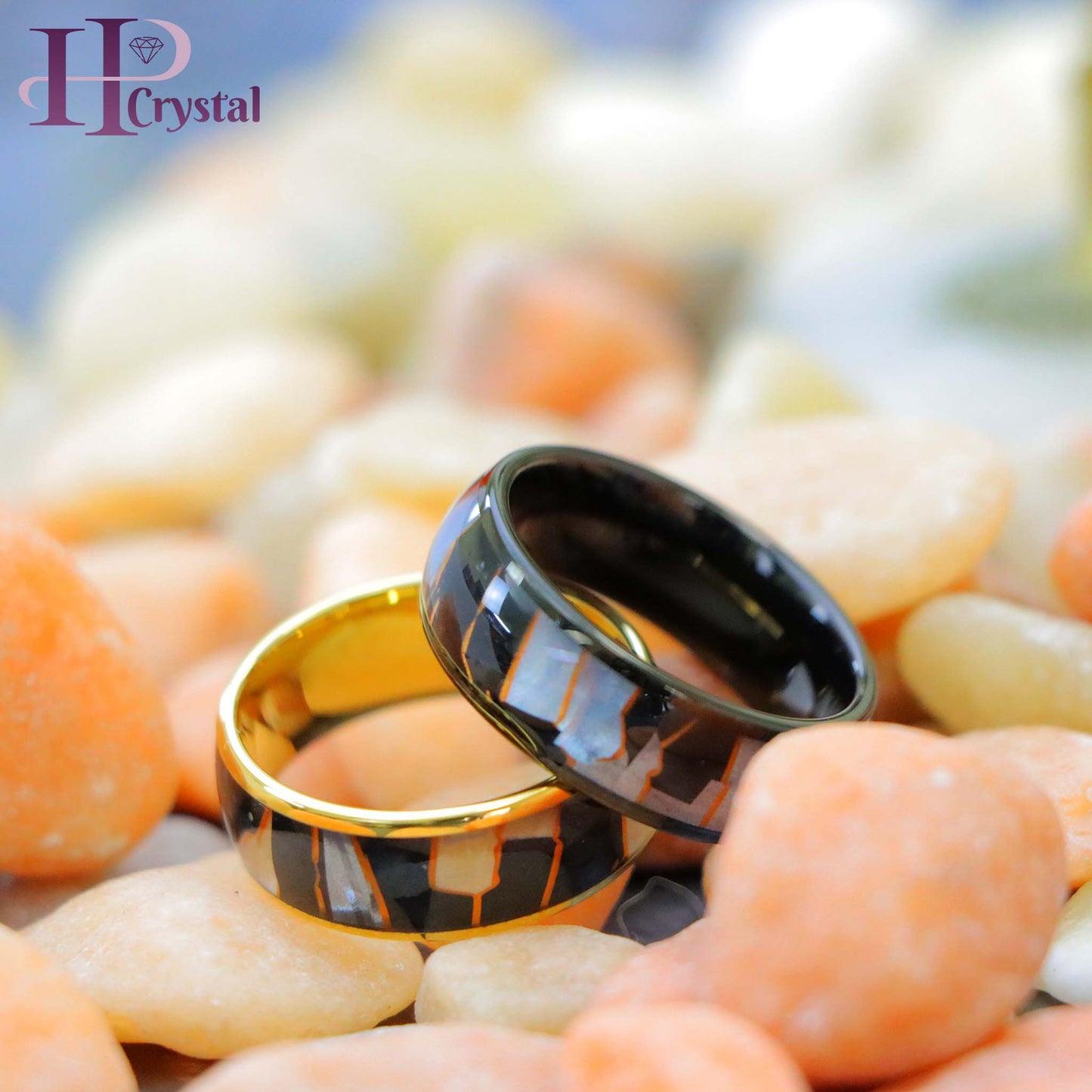 Yellow IP Plated/Black IP Plated Capiz, Black Resin & Gold Shavings Inlay Tungsten Ring
