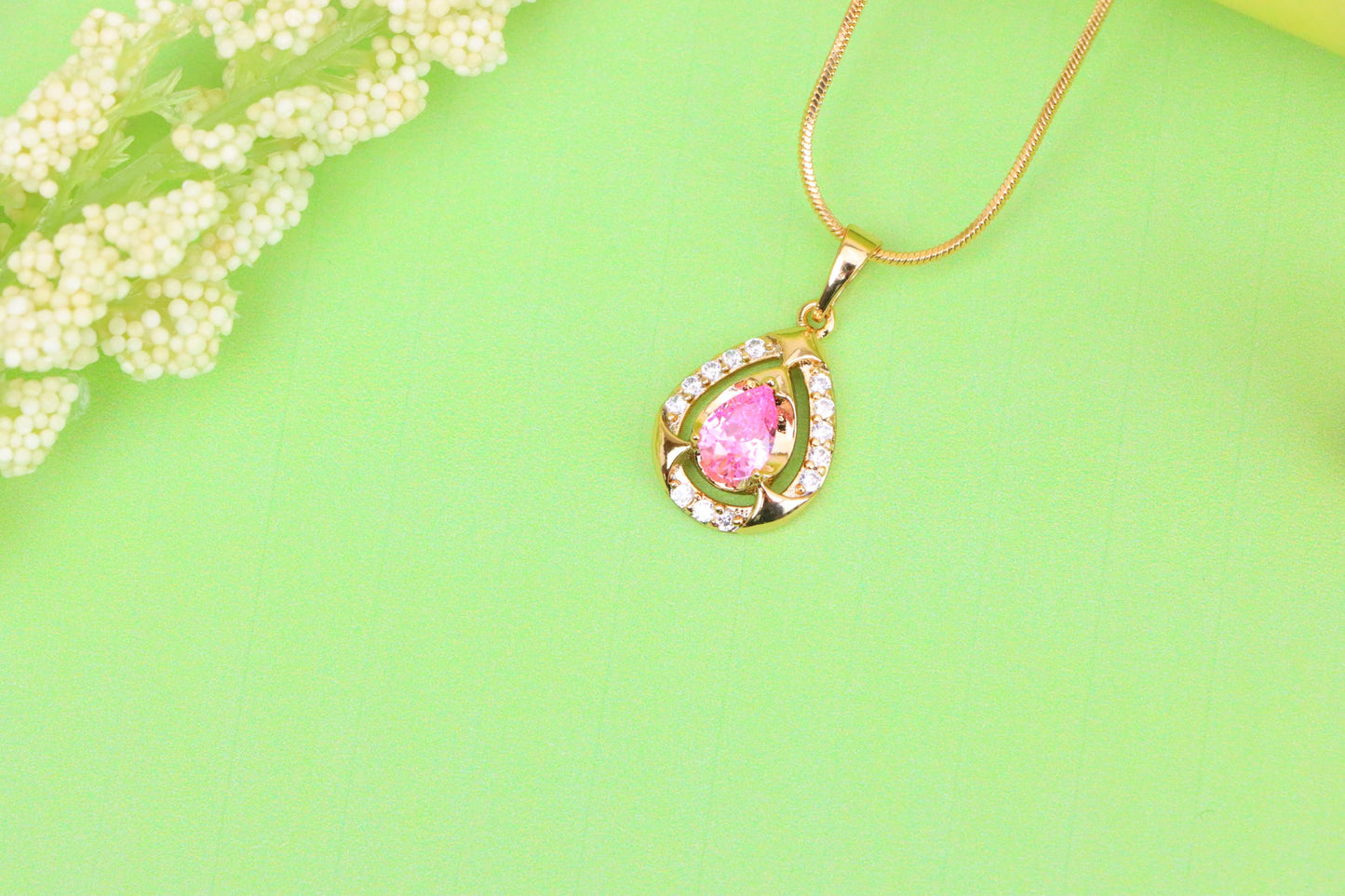 Teardrop Pink Stone Pendant with Sparkling Accents in Gold Finish, XPPT1799 (2153-2)