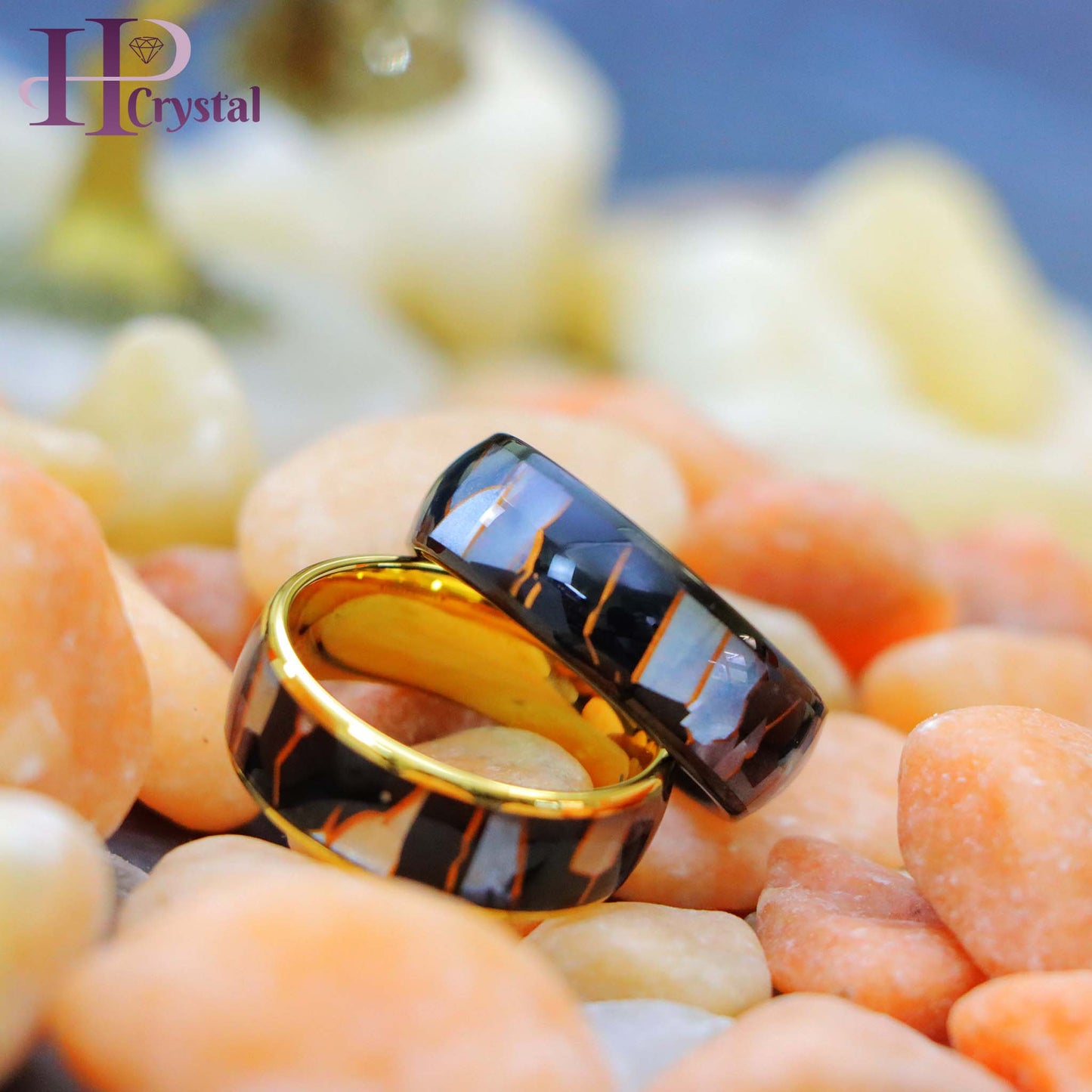 Yellow IP Plated/Black IP Plated Capiz, Black Resin & Gold Shavings Inlay Tungsten Ring