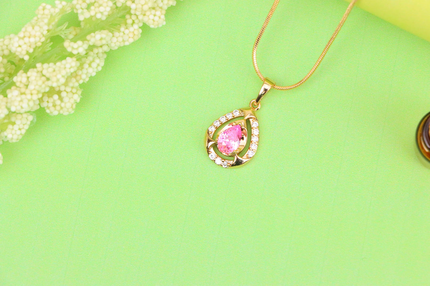 Teardrop Pink Stone Pendant with Sparkling Accents in Gold Finish, XPPT1799 (2153-2)