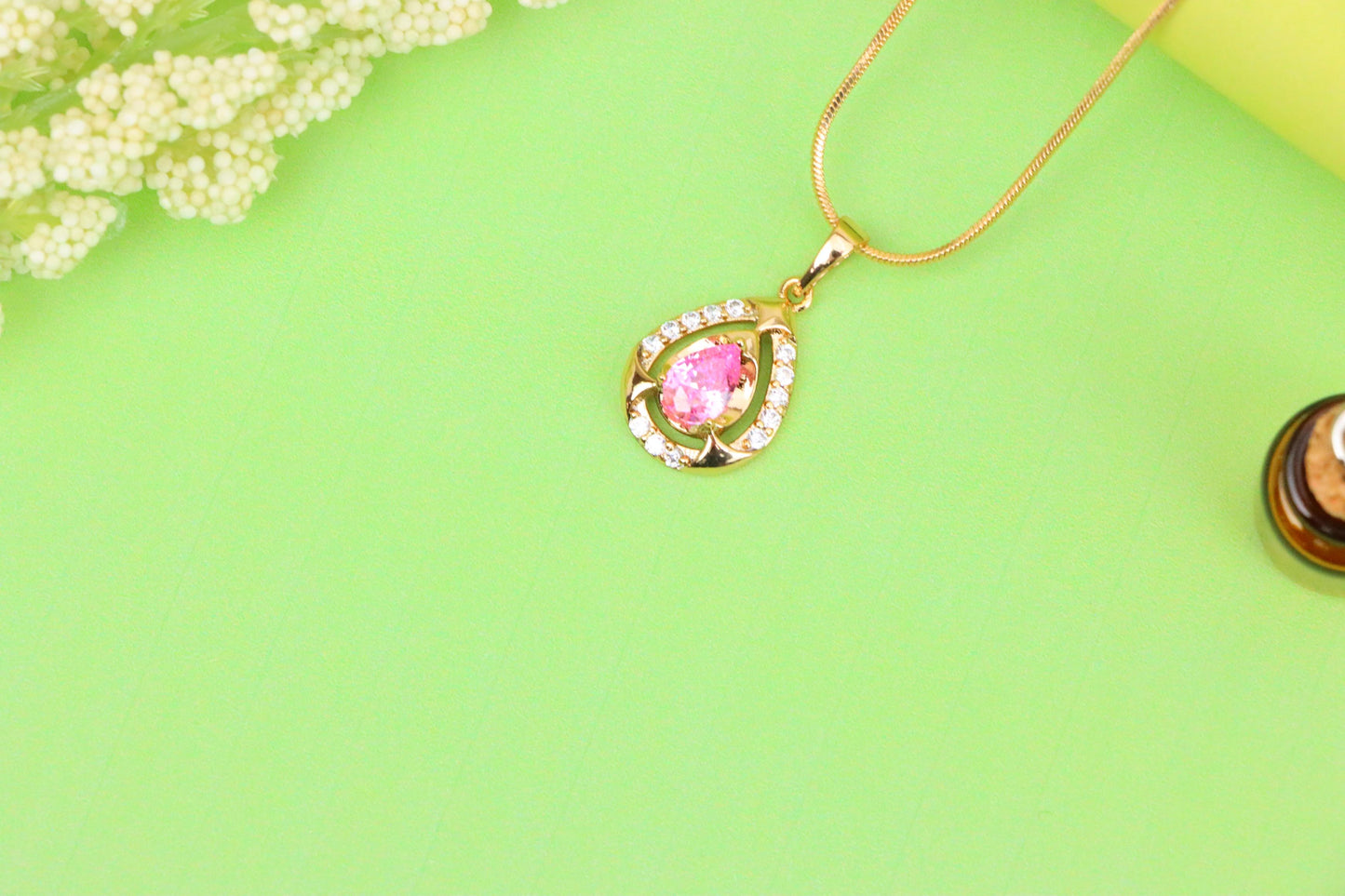 Teardrop Pink Stone Pendant with Sparkling Accents in Gold Finish, XPPT1799 (2153-2)