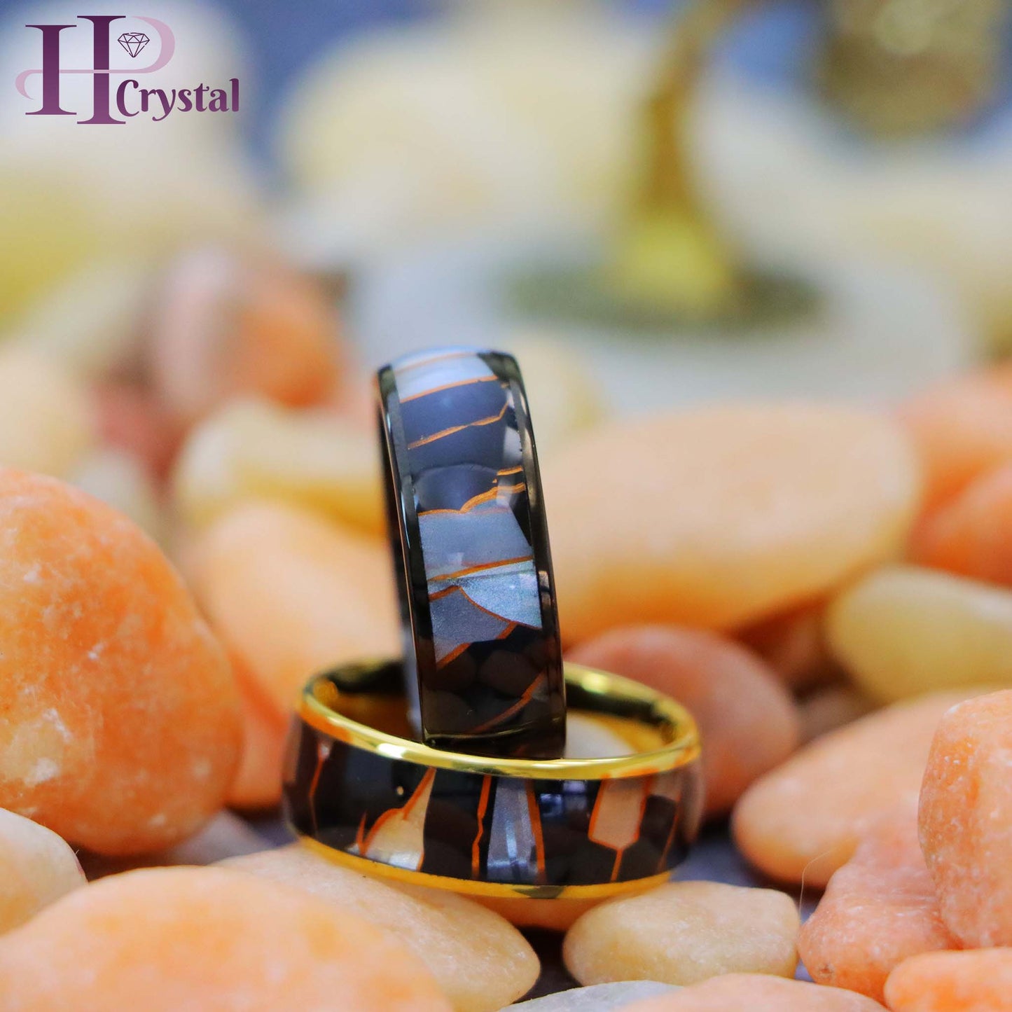 Yellow IP Plated/Black IP Plated Capiz, Black Resin & Gold Shavings Inlay Tungsten Ring