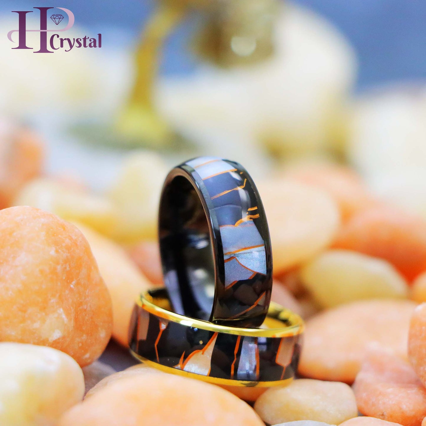 Yellow IP Plated/Black IP Plated Capiz, Black Resin & Gold Shavings Inlay Tungsten Ring
