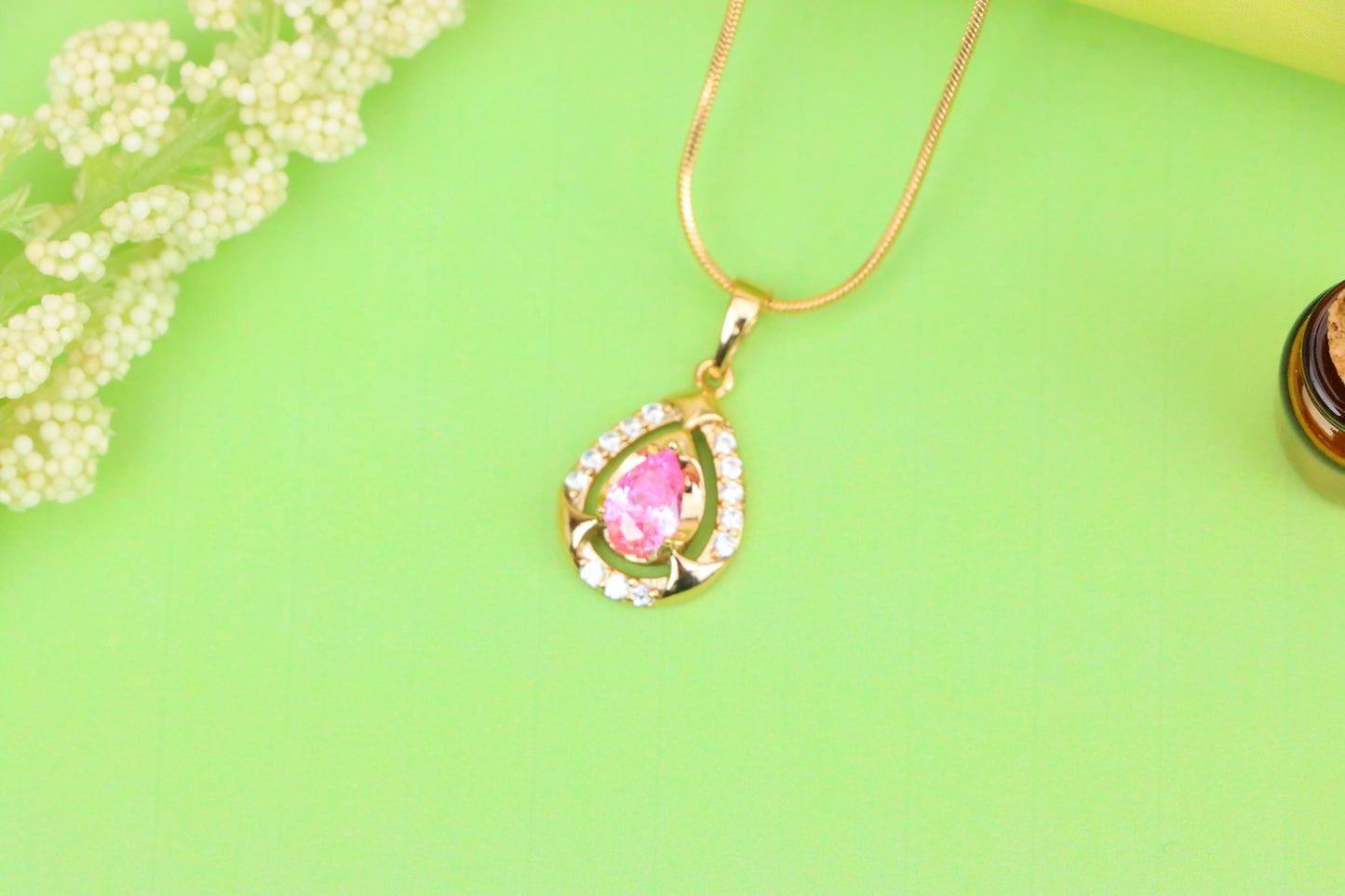 Teardrop Pink Stone Pendant with Sparkling Accents in Gold Finish, XPPT1799 (2153-2)