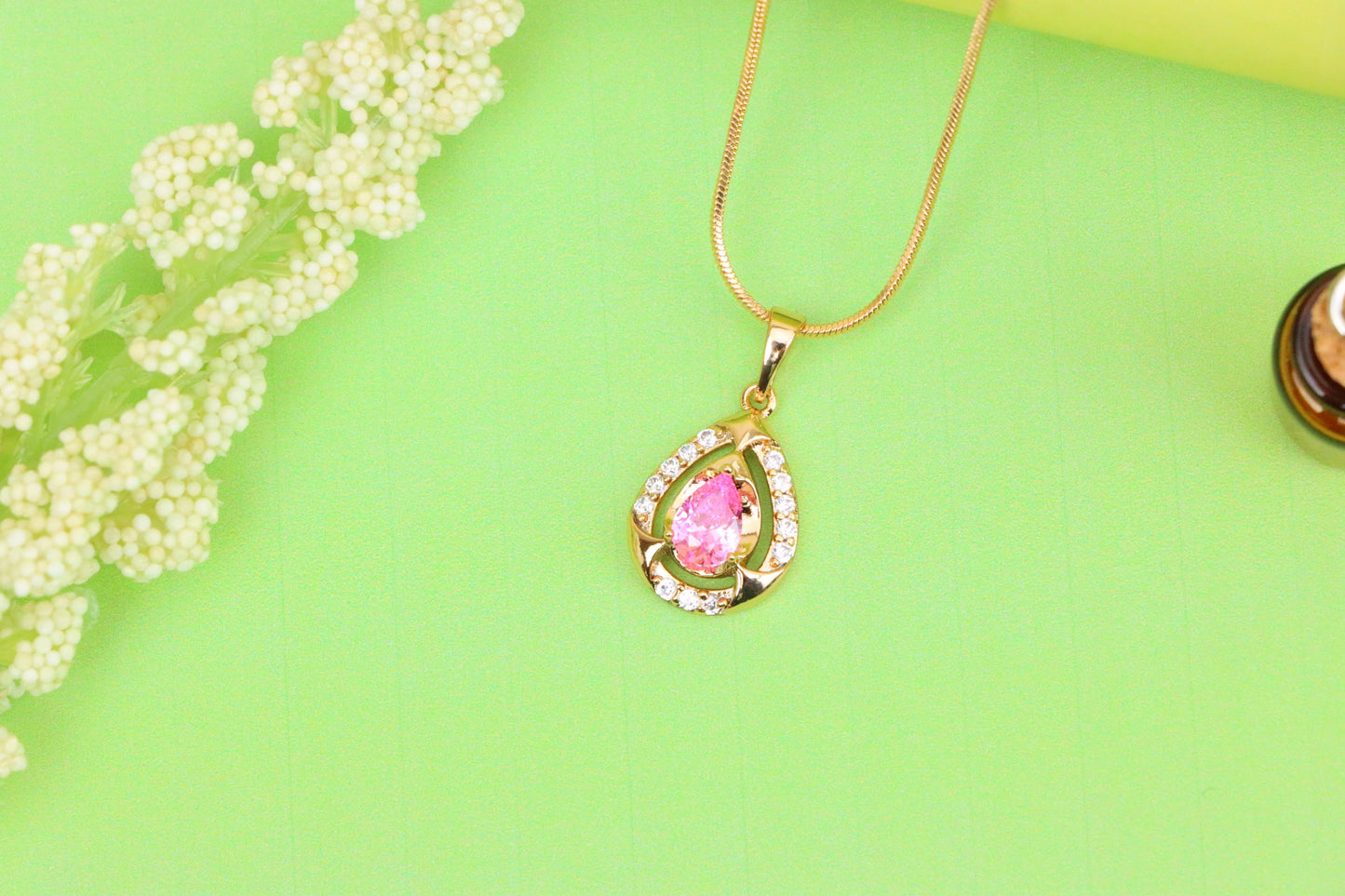 Teardrop Pink Stone Pendant with Sparkling Accents in Gold Finish, XPPT1799 (2153-2)