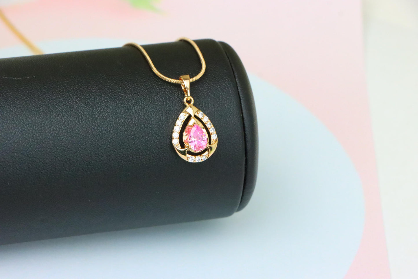 Teardrop Pink Stone Pendant with Sparkling Accents in Gold Finish, XPPT1799 (2153-2)