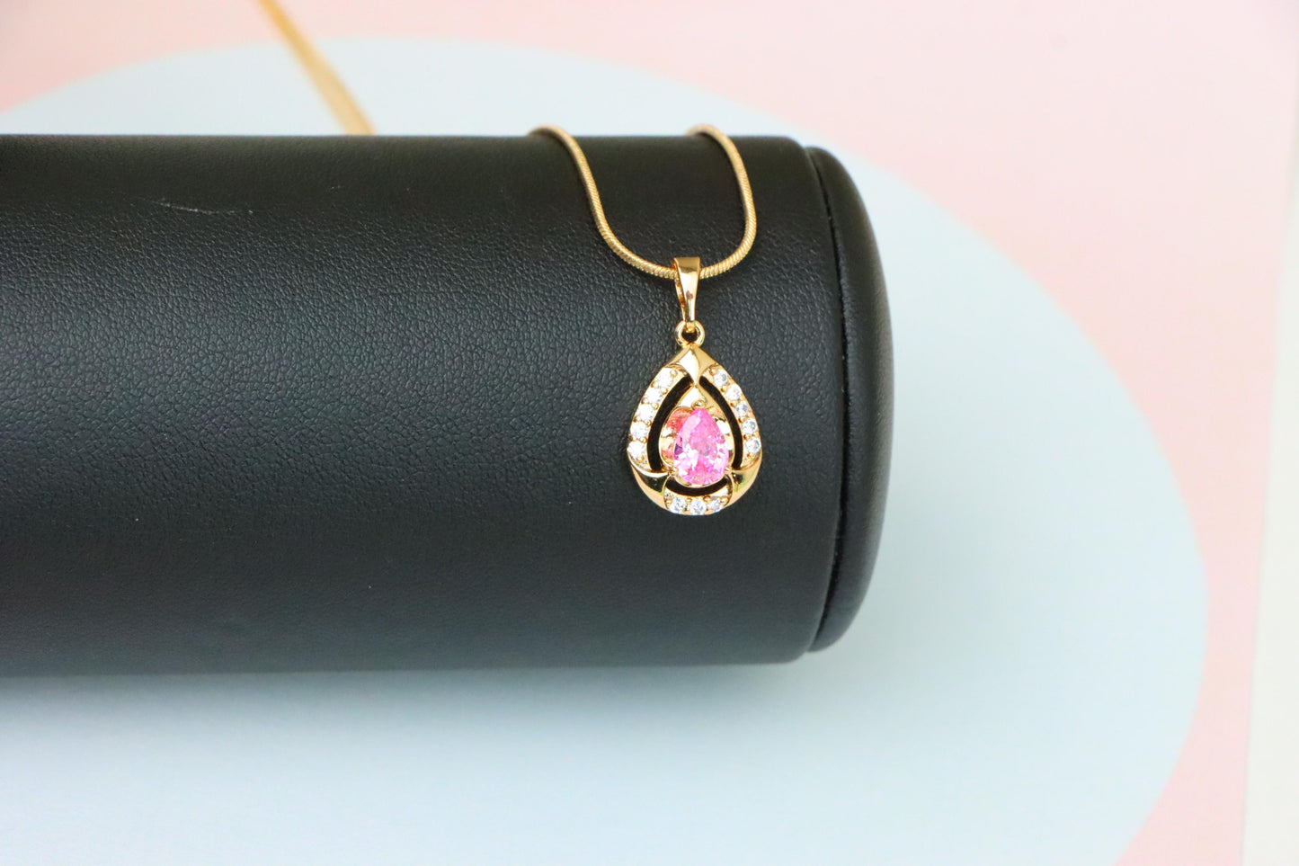 Teardrop Pink Stone Pendant with Sparkling Accents in Gold Finish, XPPT1799 (2153-2)