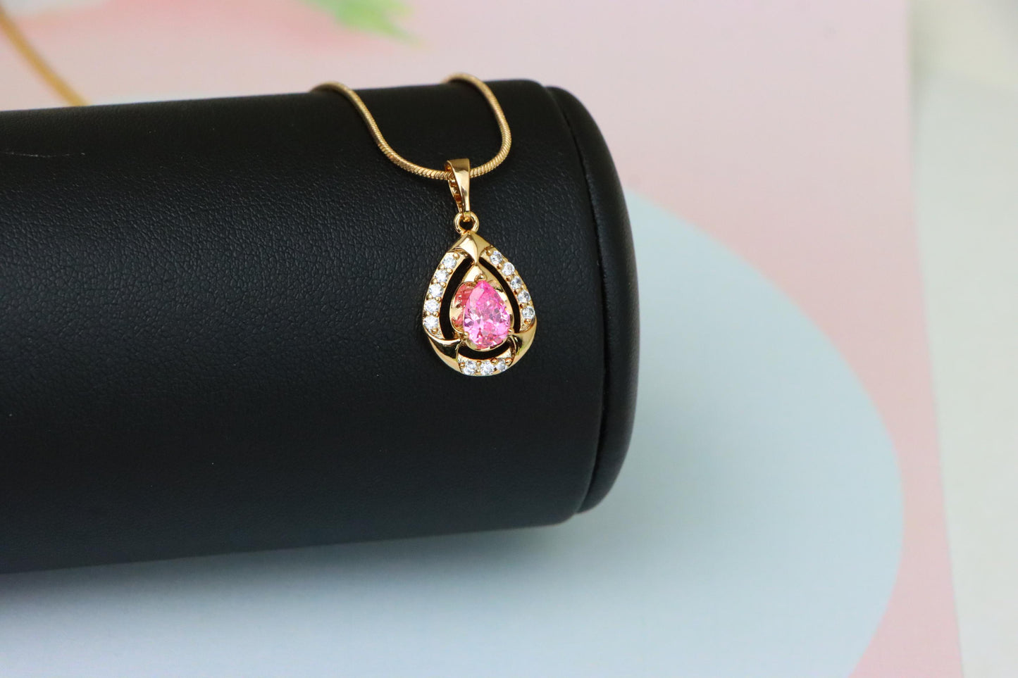 Teardrop Pink Stone Pendant with Sparkling Accents in Gold Finish, XPPT1799 (2153-2)