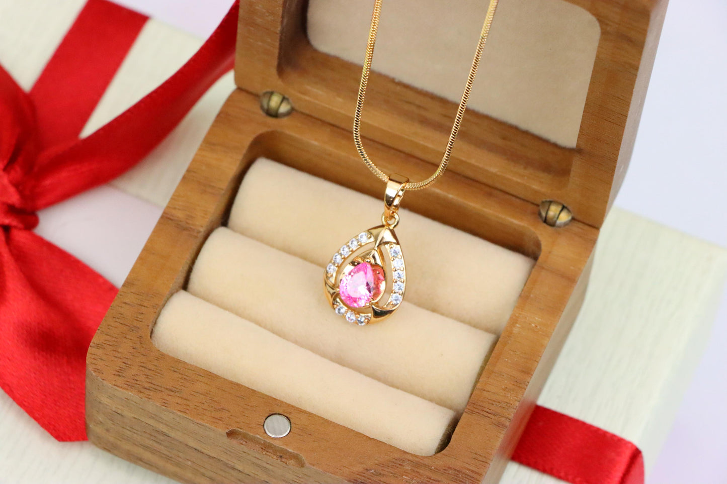 Teardrop Pink Stone Pendant with Sparkling Accents in Gold Finish, XPPT1799 (2153-2)