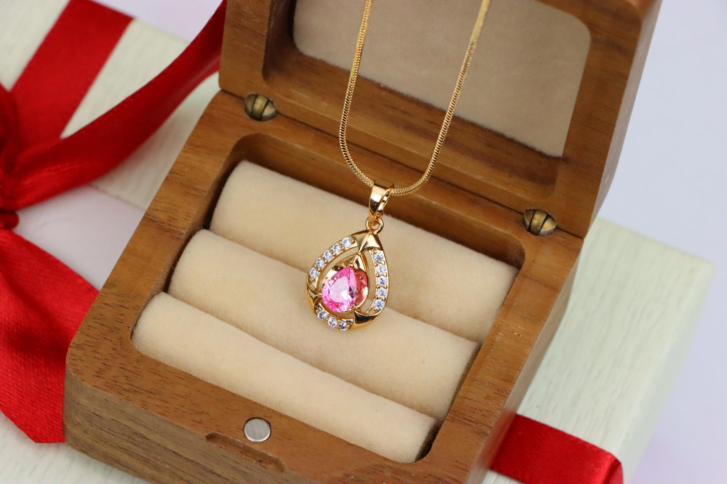 Teardrop Pink Stone Pendant with Sparkling Accents in Gold Finish, XPPT1799 (2153-2)