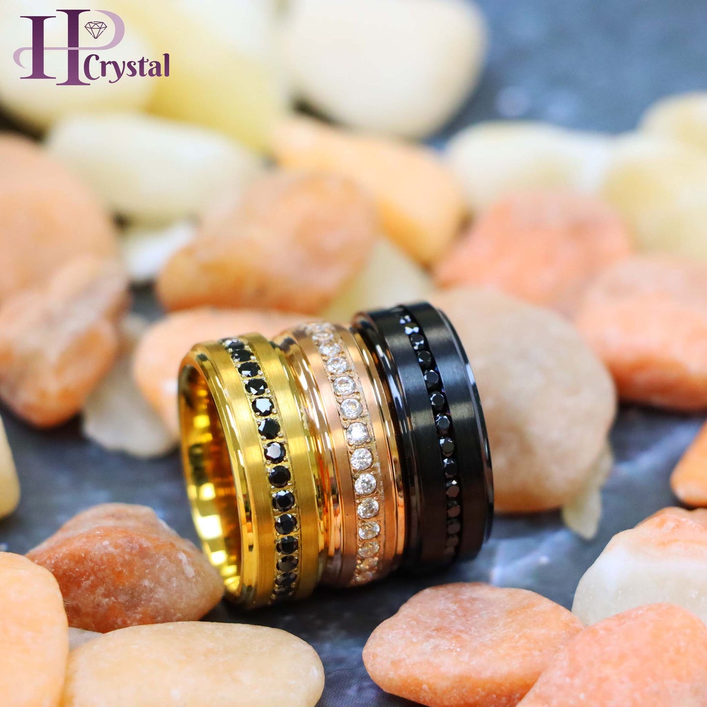 Black Titanium & Tungsten Eternity Ring – Black & White CZ, Rose & Yellow Gold IP, Durable Wedding Band