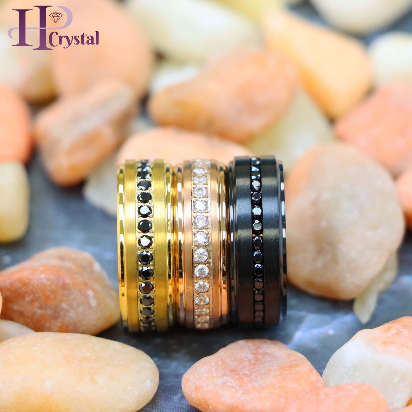 Black Titanium & Tungsten Eternity Ring – Black & White CZ, Rose & Yellow Gold IP, Durable Wedding Band