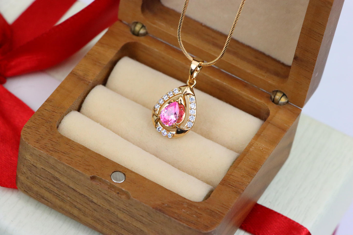 Teardrop Pink Stone Pendant with Sparkling Accents in Gold Finish, XPPT1799 (2153-2)